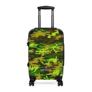 Best Green Camo Cabin Suitcase, Camorlauged Army Military Print Carry On Polycarbonate Front and Hard-Shell Durable Small 1-Size Carry-on Luggage With 2 Inner Pockets & Built in Lock With 4 Wheel 360° Swivel and Adjustable Telescopic Handle - Made in USA/UK (Size: 13.3" x 22.4" x 9.05", Weight: 7.5 lb) Unique Cute Carry-On Best Personal Travel Bag Custom Luggage - Gift For Him or Her 