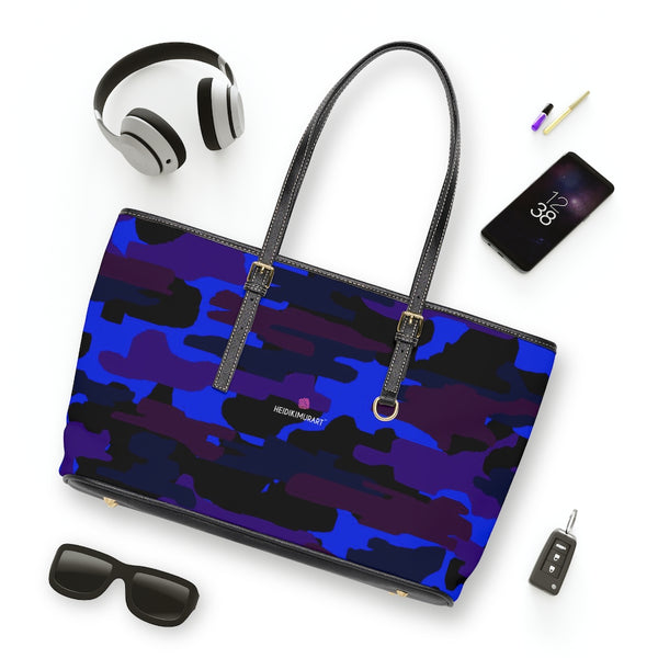 Purple Camo Print Tote Bag, Best Stylish Purple Blue Camouflage Military Army Printed PU Leather Shoulder Large Spacious Durable Hand Work Bag 17"x11"/ 16"x10" With Gold-Color Zippers & Buckles & Mobile Phone Slots & Inner Pockets, All Day Large Tote Luxury Best Sleek and Sophisticated Cute Work Shoulder Bag For Women With Outside And Inner Zippers