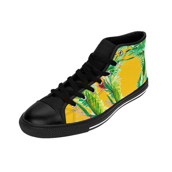 Mustard Yellow Red Floral Print Designer Men's High-top Sneakers Running Tennis Shoes-Men's High Top Sneakers-Heidi Kimura Art LLC