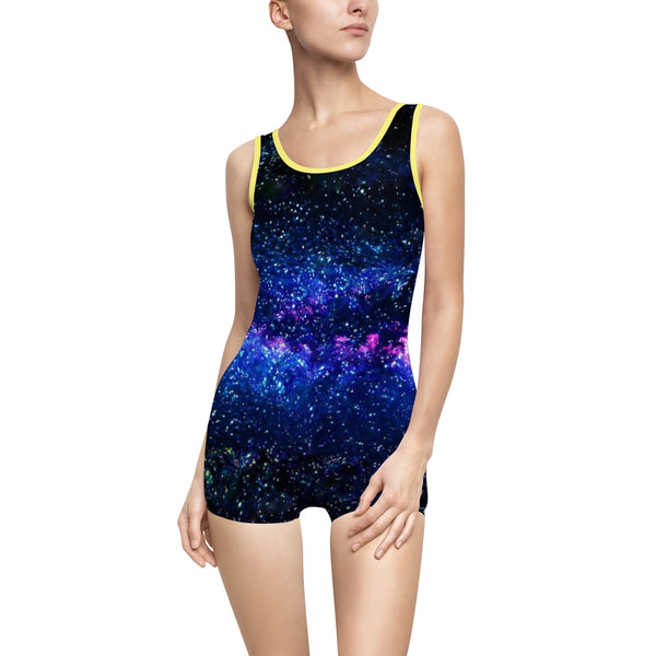 Space Cosmos Galaxy Print Designer Women's Vintage Style Swimsuit (US Size: XS-3XL)-One-piece swimwear-Yellow-XS-Heidi Kimura Art LLC