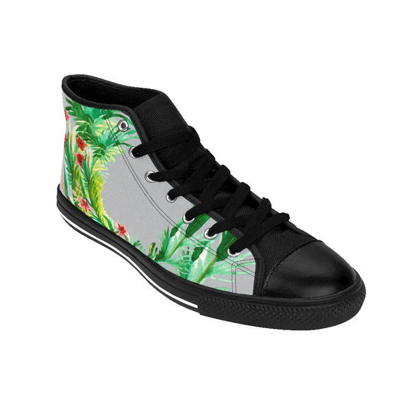 Light Gray Red Floral Print Designer Men's High-top Sneakers Running Tennis Shoes-Men's High Top Sneakers-Heidi Kimura Art LLC