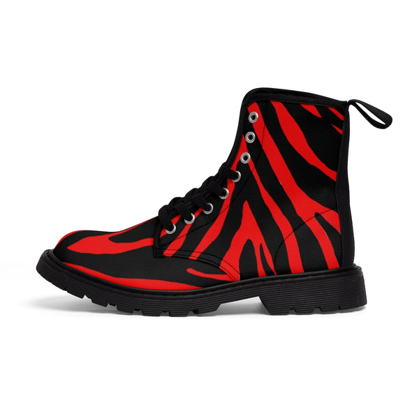Red Zebra Women's Canvas Boots, Striped Animal Print Winter Boots For Ladies-Shoes-Printify-Heidi Kimura Art LLC Red Zebra Women's Canvas Boots, Best Zebra Striped Animal Print Modern Essential Casual Fashion Hiking Boots, Canvas Hiker's Shoes For Mountain Lovers, Stylish Premium Combat Boots, Designer Women's Winter Lace-up Toe Cap Hiking Boots Shoes For Women (US Size 6.5-11)