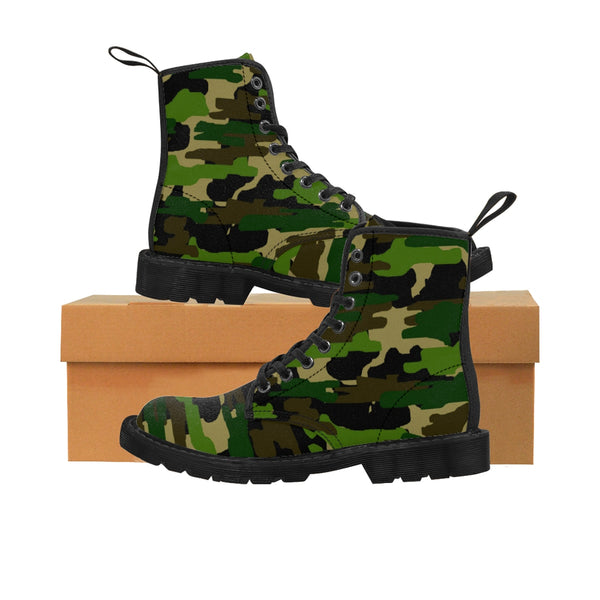 Green Army Military Camouflage Print Men's Lace-Up Winter Boots Cap Toe Shoes (US Size 7-10.5)-Men's Winter Boots-Black-US 9-Heidi Kimura Art LLC Green Camo Men's Boots, Green Army Military Camouflage Print Men's Lace-Up Winter Boots Cap Toe Shoes (US Size 7-10.5)