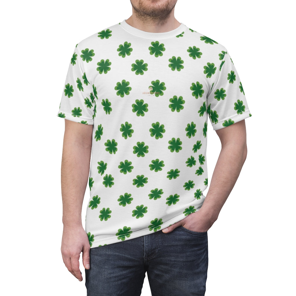 White Green Clover St. Patrick's Day Print Unisex Crew Neck Cut & Sew Tee- Made in USA-Unisex T-Shirt-4 oz.-White Seams-L-Heidi Kimura Art LLC