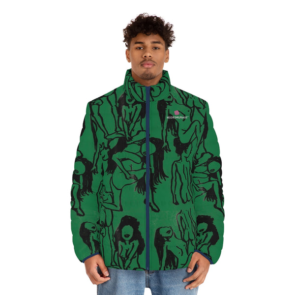 Green Nude Art Men's Jacket, Best Regular Fit Polyester Men's Puffer Jacket With Stand Up Collar (US Size: S-2XL)