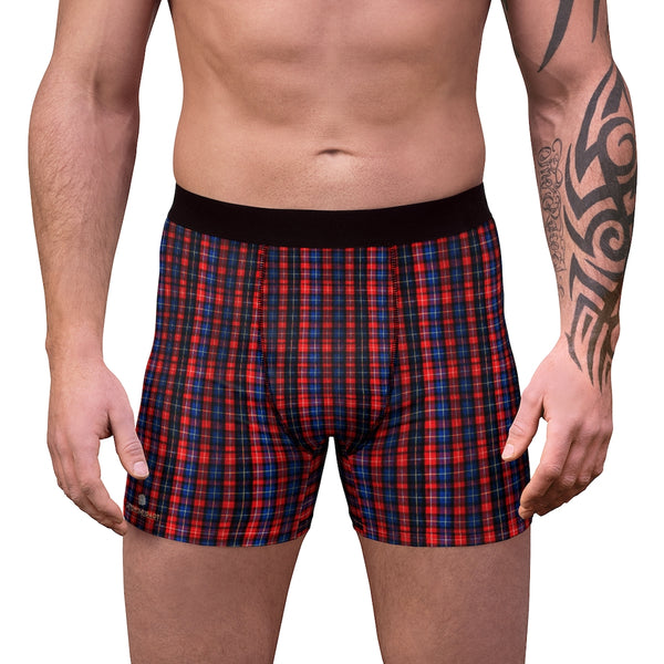 Red Plaid Print Men's Underwear, Red Blue Printed Tartan Plaid Printed Sexy Underwear For Men Sexy Hot Men's Boxer Briefs Hipster Lightweight 2-sided Soft Fleece Lined Fit Underwear - (US Size: XS-3XL)