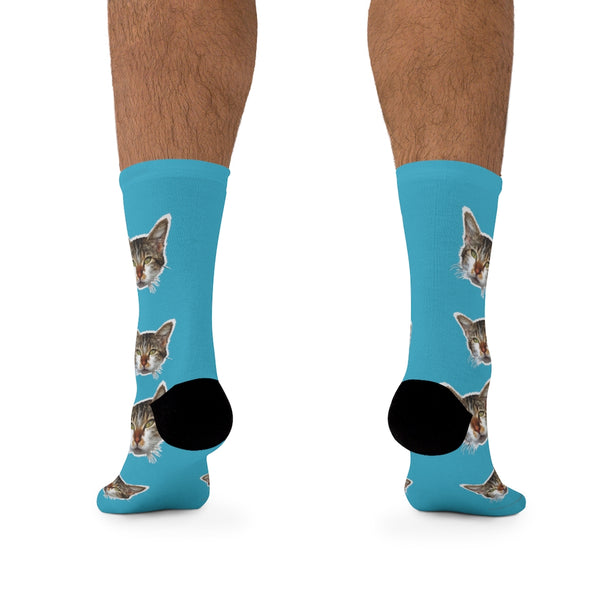 Blue Cat Print Socks, Designer Cute Calico Cat One-Size Premium Socks- Made in USA-Socks-One size-Heidi Kimura Art LLC