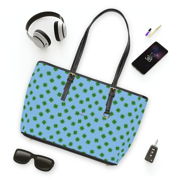 Blue Green Clover Tote Bag, Best PU Leather Shoulder Hand Work Bag