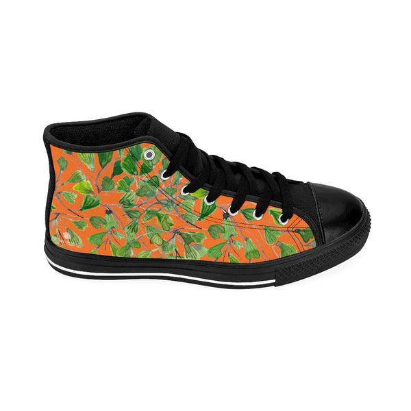 Orange Fern Men's High-top Sneakers, Green Cute Maidenhair Leaf Print Designer Men's High-top Sneakers Running Tennis Shoes, Fern Leaves Designer High Tops, Mens Floral Shoes, Tropical Leaf Print Sneakers (US Size: 6-14)