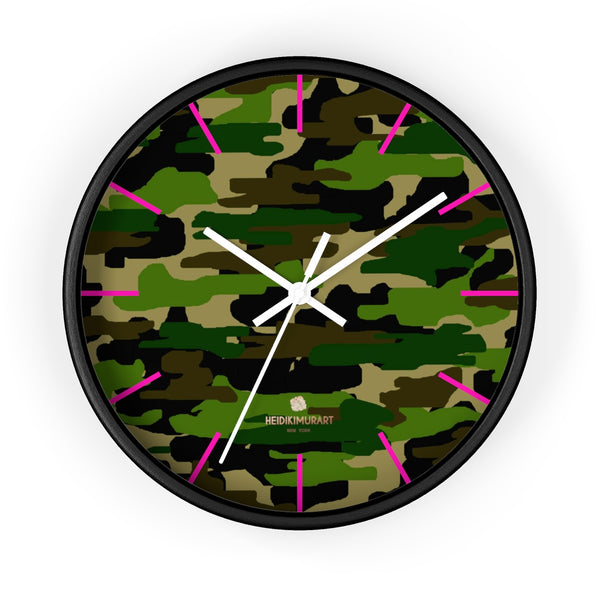 Green Camouflage Camo Army Military Print 10 in. Dia. Indoor Wall Clock- Made in USA-Wall Clock-10 in-Black-White-Heidi Kimura Art LLC