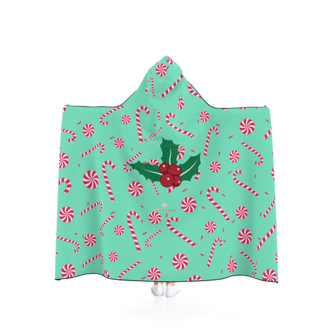 Blue Lightweight Christmas Red Sugar Cane Designer Holiday Party Hooded Blanket-Hooded Blanket-80x56-Heidi Kimura Art LLC