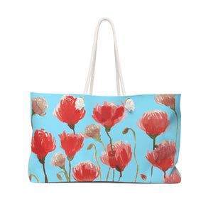 Light Blue Red Poppy Floral Print Oversized Designer 24"x13" Large Weekender Bag-Weekender Bag-24x13-Heidi Kimura Art LLC