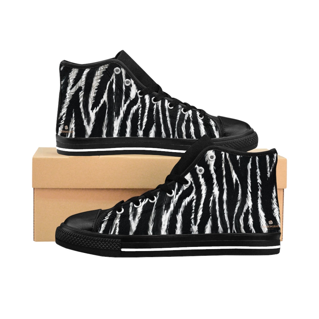 Black Zebra Women's Sneakers, Striped Animal Print Designer High-top Fashion Tennis Shoes-Shoes-Printify-Black-US 9-Heidi Kimura Art LLCZebra Women's Sneakers, Striped Animal Print 5" Calf Height Women's High-Top Sneakers Running Canvas Shoes (US Size: 6-12)