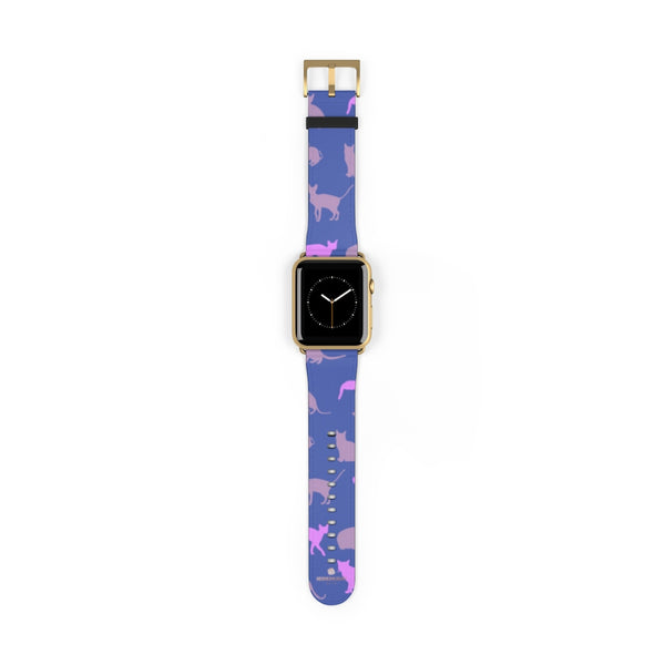 Purple Pink Cats Print 38mm/42mm Premium Watch Band For Apple Watch- Made in USA-Watch Band-42 mm-Gold Matte-Heidi Kimura Art LLC