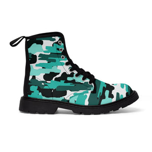  Aqua Blue Camo Men's Boots, Camouflage Camo Military Combat Work Hunting Boots, Anti Heat + Moisture Designer Men's Winter Boots Hiking Shoes (US Size: 7-10.5)