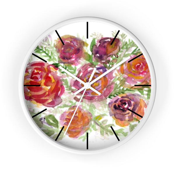 Orange Red Floral Print French Rose 10" Diameter Modern Wall Clock - Made in USA-Wall Clock-White-White-Heidi Kimura Art LLC