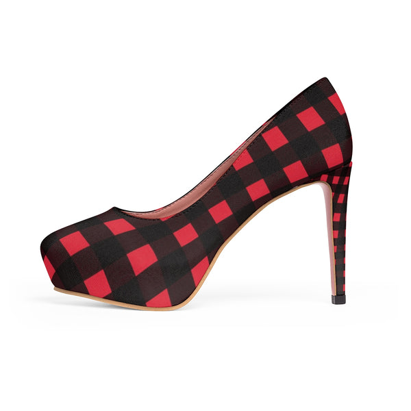 Classic Londoner Red Black Buffalo Plaid Print Women's Platform 4 inch Heels Shoes-4 inch Heels-Heidi Kimura Art LLC