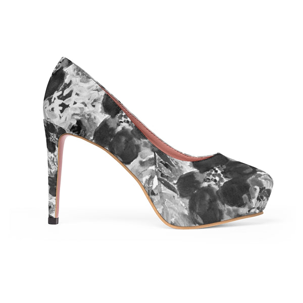 Grey Floral Women's Platform Heels, Mixed Abstract Flower Print Premium Quality Designer Women's Platform Heels Stiletto Pumps 4" Heels (US Size: 5-11)
