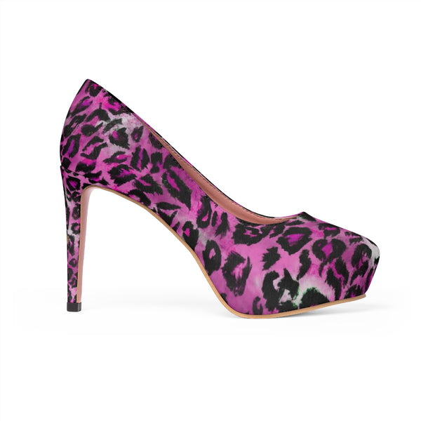 Pink Snow Leopard Animal Print Women's Platform Heels Pumps (US Size: 5-11)-4 inch Heels-Heidi Kimura Art LLC