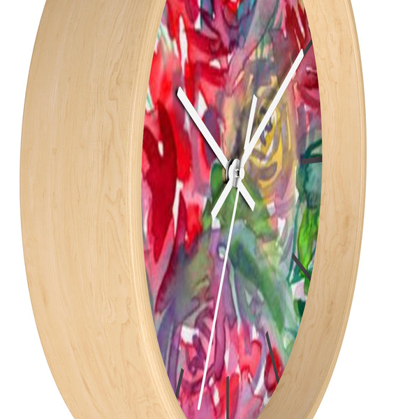 Red Floral Rose Flower Print Elegant 10 inch Diameter Wall Clock - Made in USA-Wall Clock-Heidi Kimura Art LLC
