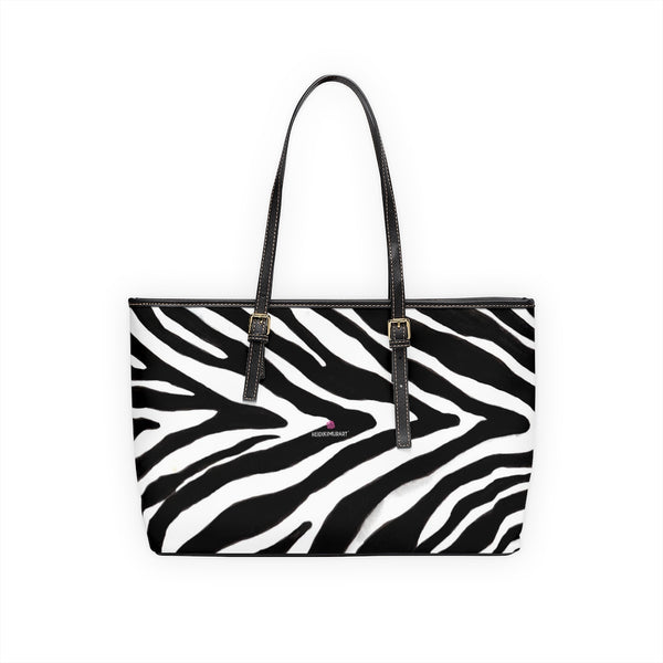 White Black Zebra Tote Bag, Zebra Striped White and Black Animal Print PU Leather Shoulder Large Spacious Durable Hand Work Bag 17"x11"/ 16"x10" With Gold-Color Zippers & Buckles & Mobile Phone Slots & Inner Pockets, All Day Large Tote Luxury Best Sleek and Sophisticated Cute Work Shoulder Bag For Women With Outside And Inner Zippers