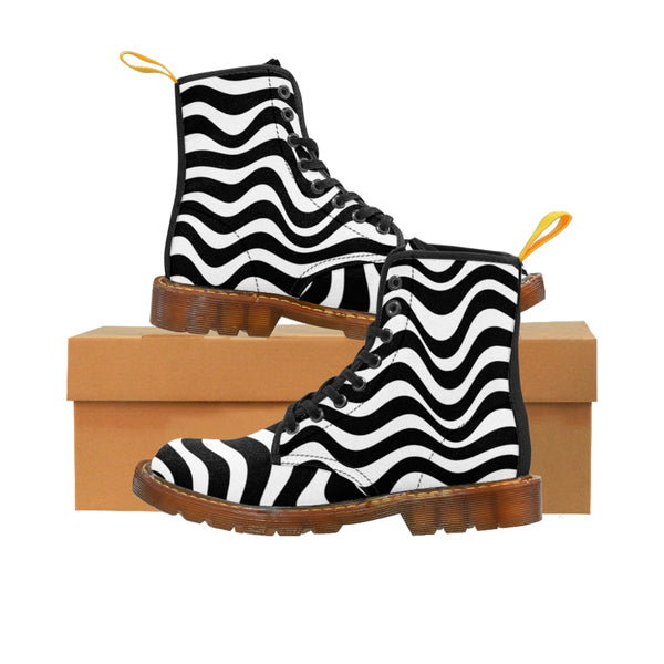 Wavy Striped Women's Canvas Boots, Modern White Black Stripes Print Winter Boots For Ladies-Shoes-Printify-Brown-US 8.5-Heidi Kimura Art LLC Wavy Striped Women's Canvas Boots, Modern White Black Wavy Stripes Modern Essential Casual Fashion Hiking Boots, Canvas Hiker's Shoes For Mountain Lovers, Stylish Premium Combat Boots, Designer Women's Winter Lace-up Toe Cap Hiking Boots Shoes For Women (US Size 6.5-11)