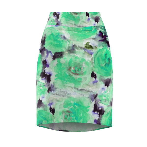 Turquoise Blue Floral Rose Designer Women's Pencil Skirt - Made in USA (Size XS-2XL)-Pencil Skirt-L-Heidi Kimura Art LLC