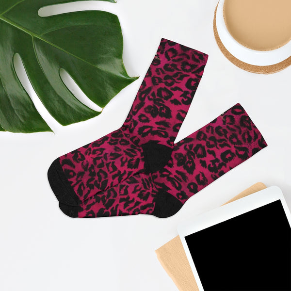 Hot Pink Leopard Animal Print One-Size 200 Needle Premium Crew Knit Socks- Made in USA-All Over Prints-One size-Heidi Kimura Art LLC