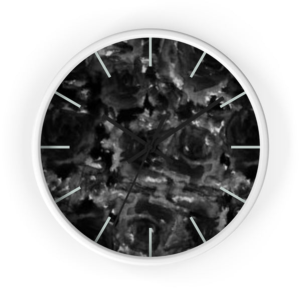 Black Floral Print Wall Clock, Rose 10" Dia. Unique Indoor Abstract Wall Clock - Made in USA-Wall Clock-White-Black-Heidi Kimura Art LLC