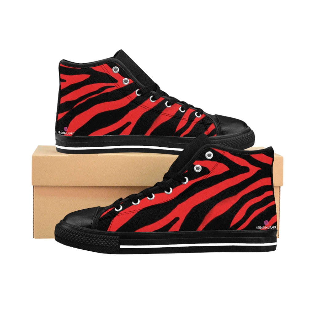 Red Zebra Men's High Tops, Red Zebra Striped Animal Print Designer Men's Shoes, Men's High Top Sneakers US Size 6-14, Mens High Top Casual Shoes, Unique Fashion Tennis Shoes, Animal Print Sneakers For Men, Zebra Shoes For Men, Zebra Sneakers Men, Mens Modern Footwear, Zebra Shoes Brand, Zebra Sneakers Mens (US Size: 6-14)