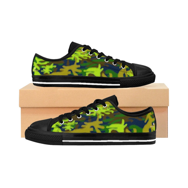 Navy Blue Green Camouflage Military Print Premium Men's Low Top Canvas Sneakers-Men's Low Top Sneakers-Heidi Kimura Art LLC