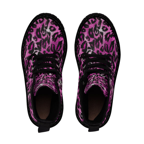 Pink Leopard Print Women's Boots, Best Leopard Animal Print Designer Women's Winter Lace-up Toe Cap Hiking Boots Shoes For Women (US Size 6.5-11)