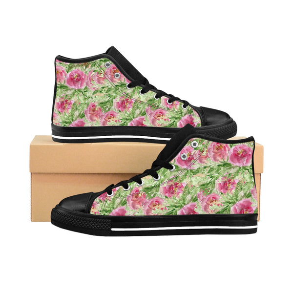 Garden Pink Rose Floral Designer Women's High Top Sneakers Shoes (US Size: 6-12)-Women's High Top Sneakers-US 9-Heidi Kimura Art LLC Garden Rose Floral Women's Sneakers, Garden Pink Rose Floral Designer Women's High Top Sneakers Shoes (US Size: 6-12)