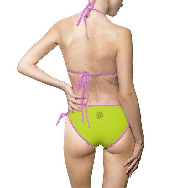 Bright Lime Green Solid Color Print Women's 2-pc Bikini Swimsuit Top Bottom Set-Bikini-Heidi Kimura Art LLC