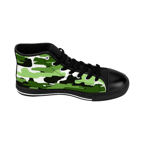 Green Camo Print Men's Sneakers, Green White Camouflage Army Military Print Designer Men's Shoes, Men's High Top Sneakers US Size 6-14, Mens High Top Casual Shoes, Unique Fashion Tennis Shoes, Camo Print Printed Sneakers Shoes (US Size: 6-14)