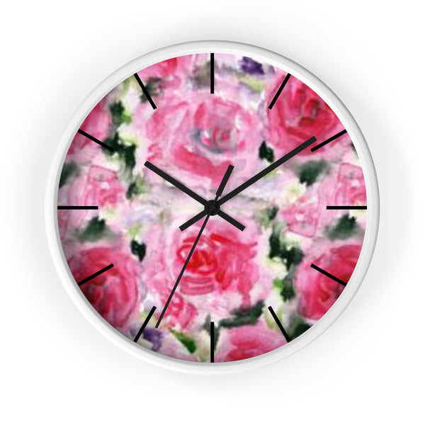 Pink Garden Rose Floral Rose Flower Print 10 inch Diameter Wall Clock - Made in USA-Wall Clock-White-Black-Heidi Kimura Art LLC