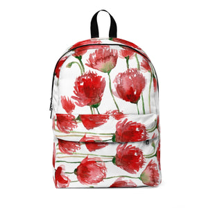 White Red Poppy Floral Print Unisex Large Classic Designer Backpack-Backpack-One Size-Heidi Kimura Art LLC
