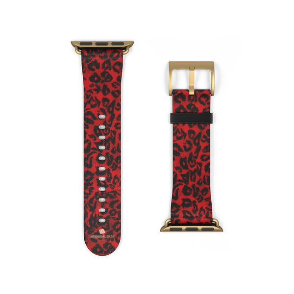 Red Leopard Animal Print Premium 38mm/42mm Designer Watch Band- Made in USA-Watch Band-38 mm-Gold Matte-Heidi Kimura Art LLC