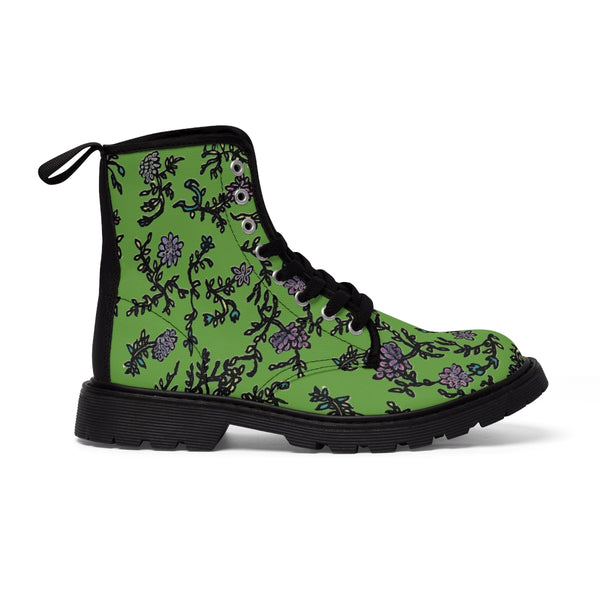 Green Floral Print Women's Boots, Purple Floral Women's Boots, Flower Print Elegant Feminine Casual Fashion Gifts, Flower Rose Print Shoes For Flower Lovers, Combat Boots, Designer Women's Winter Lace-up Toe Cap Hiking Boots Shoes For Women (US Size 6.5-11) Green Floral Boots, Floral Boots Womens, Vintage Style Floral Boots 