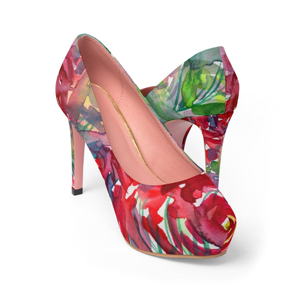 Red Rose Floral Print Designer Women's Platform Heels Stilettos Pumps (US Size: 5-11)-4 inch Heels-Heidi Kimura Art LLC