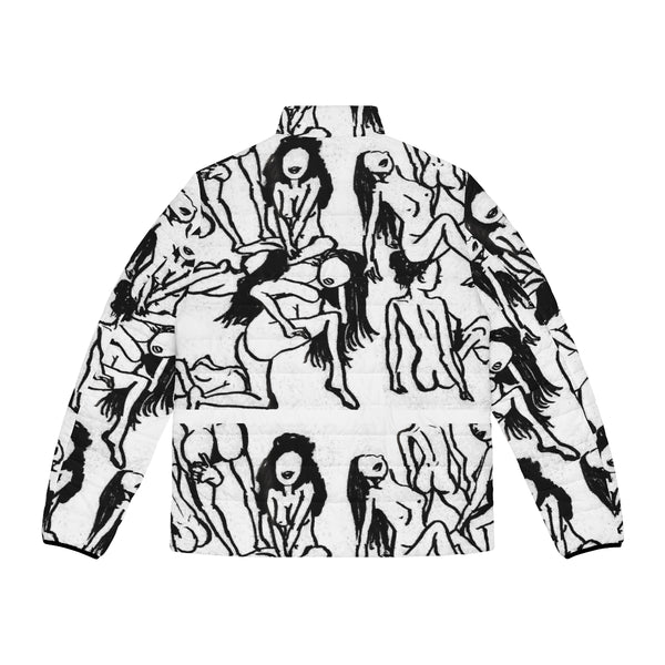 White Nude Art Men's Jacket, Best Modern Minimalist Classic Artistic Premium Unique Fashion Regular Fit Polyester Men's Puffer Jacket With Stand Up Collar (US Size: S-2XL)
