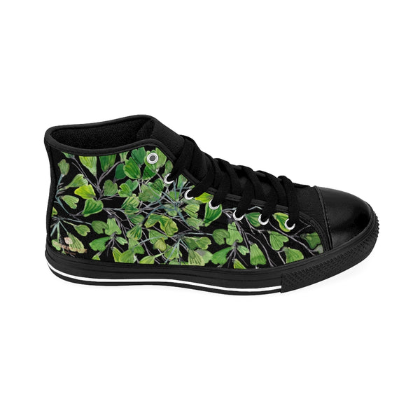 Black Fern Men's High-top Sneakers, Green Cute Maidenhair Leaf Print Designer Men's High-top Sneakers Running Tennis Shoes, Fern Leaves Designer High Tops, Mens Floral Shoes, Tropical Leaf Print Sneakers (US Size: 6-14)