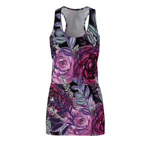 Purple Floral Women's Tank Dress, Black Racerback Crewneck Long Dress - Made in USA-Women's Sleeveless Dress-L-Heidi Kimura Art LLC