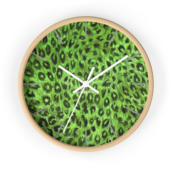 Green Leopard Print Wall Clock,  Numeric 10 inch Diameter Wall Clock, Large Round Wood Girl Children Bedroom Wall Clock