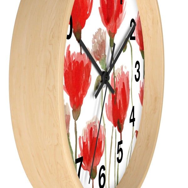 Red Poppy Floral Wall Clock,  Best Numeric Floral 10 inch Diameter Flower Wall Clock-Made in USA, Large Round Wood Girl Children Bedroom Wall Clock