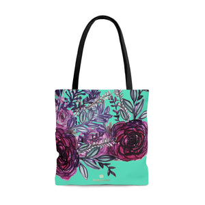 Turquoise Blue Rose Flower Floral Print Designer Women's Tote Bag - Made in USA-Bags-Large-Heidi Kimura Art LLC