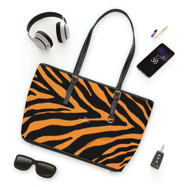 Orange Zebra Tote Bag, Zebra Striped Orange and Black Animal Print PU Leather Shoulder Large Spacious Durable Hand Work Bag 17"x11"/ 16"x10" With Gold-Color Zippers & Buckles & Mobile Phone Slots & Inner Pockets, All Day Large Tote Luxury Best Sleek and Sophisticated Cute Work Shoulder Bag For Women With Outside And Inner Zippers