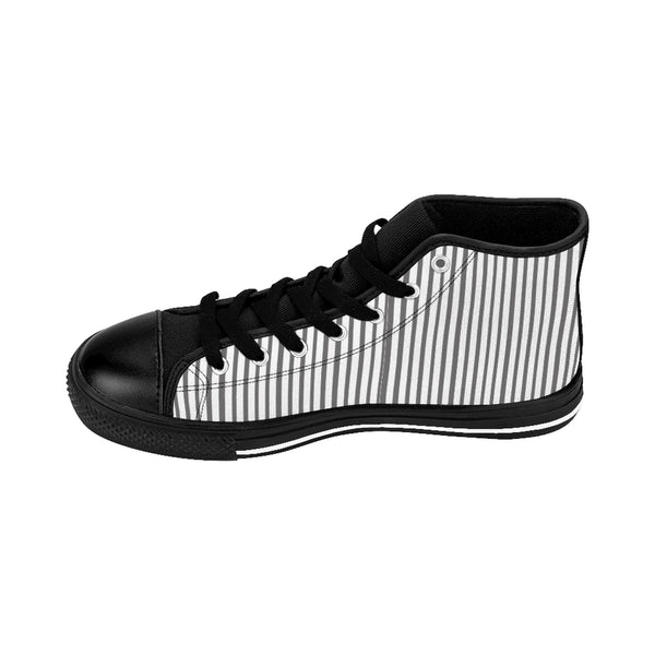 Grey Striped Men's High-top Sneakers, Modern Stripes Designer Tennis Running Shoes-Shoes-Printify-Heidi Kimura Art LLC Grey Striped Men's High-top Sneakers, Grey White Modern Stripes Men's High Tops, High Top Striped Sneakers, Striped Casual Men's High Top For Sale, Fashionable Designer Men's Fashion High Top Sneakers, Tennis Running Shoes (US Size: 6-14)