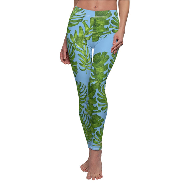 Light Blue Green Tropical Leaf Print Women's Dressy Long Casual Leggings- Made in USA-Casual Leggings-Heidi Kimura Art LLC