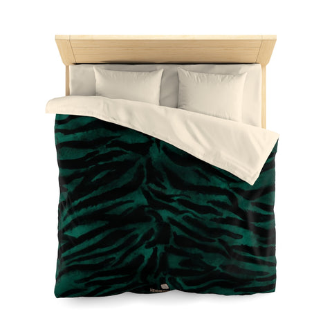 Green Tiger Stripe Duvet Cover, Animal Print Queen/Twin Size Microfiber Bedding Cover-Duvet Cover-Queen-Cream-Heidi Kimura Art LLC